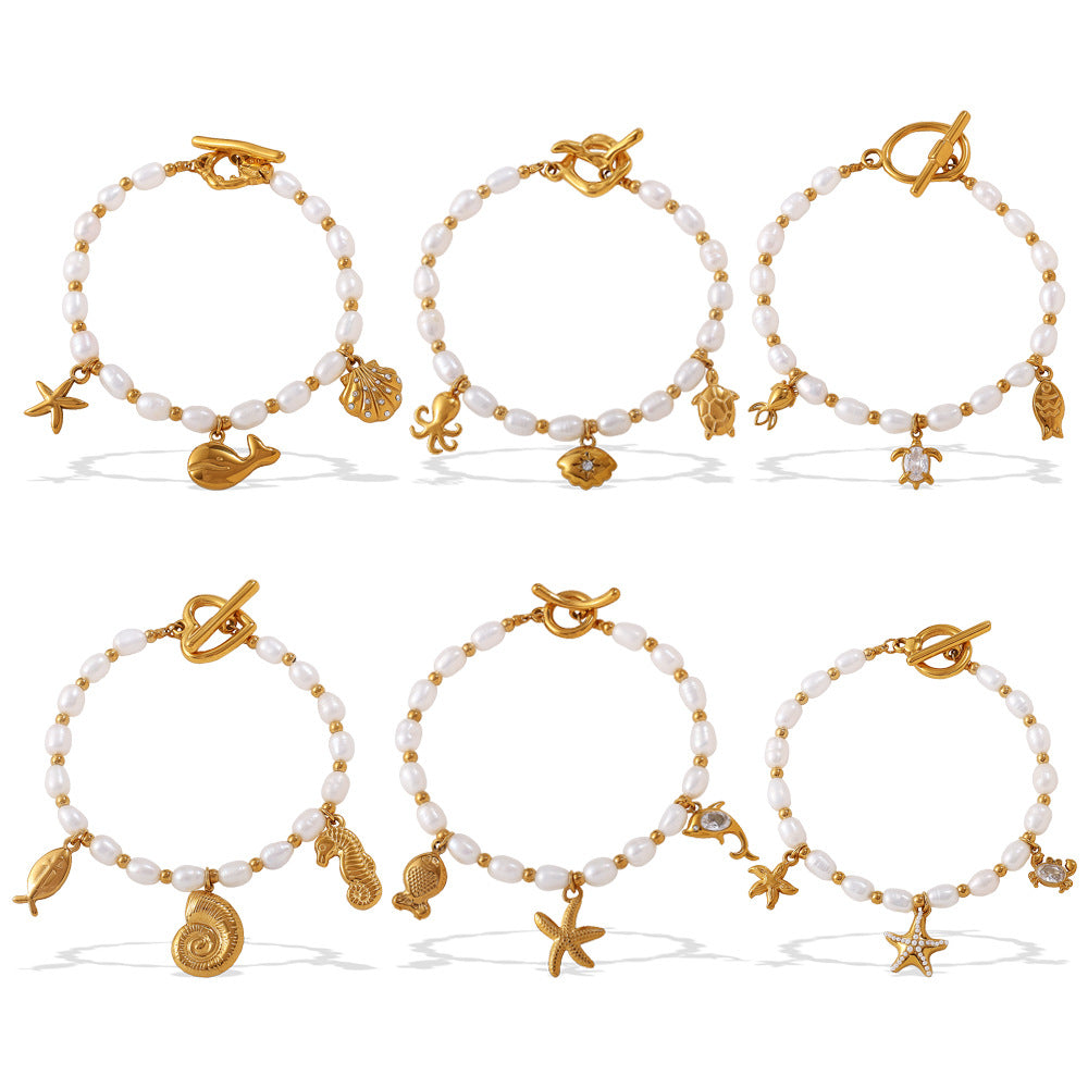 Wholesale  Fashion Creative Ocean Theme Freshwater Pearl DIY Dolphin Pendant Bracelet Plated with 18K Gold Niche Jewelry for Women
