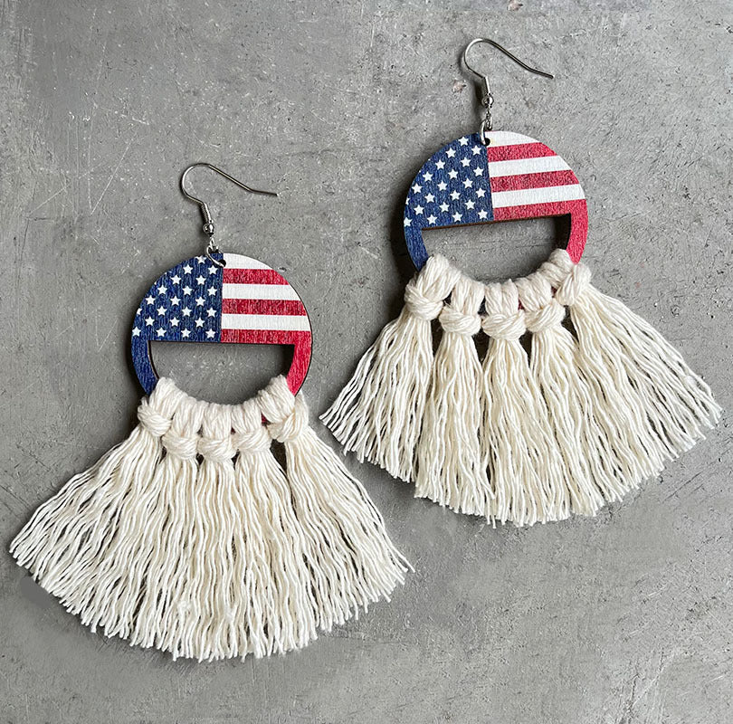 Wholesale 2 Pairs/pack American Independence Day Wooden Flag Hat Hand Woven Tassel Earrings ACC-ES-HY056