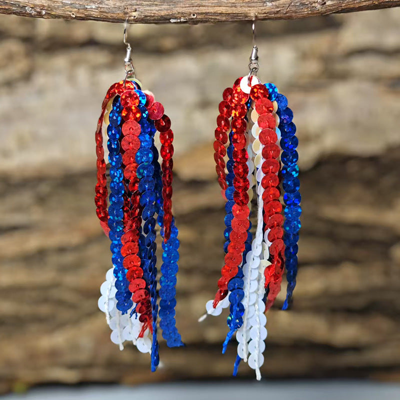 Wholesale  Independence Day American Flag Color Tassel Sequin Earrings