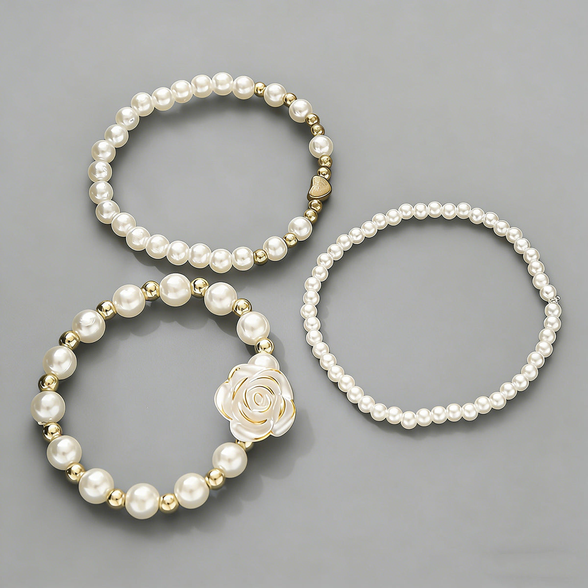 Wholesale Pearl 3 Piece Women S Heart Flower Elastic Stacking Bracelet Set Fashion Accessory Gift For Everyday Wear