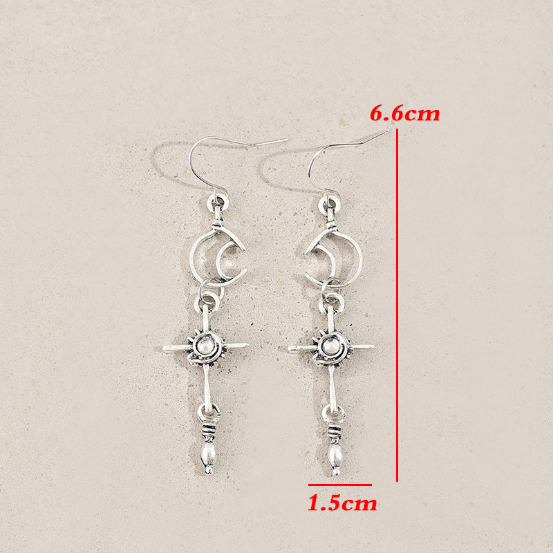 Wholesale Long Moon Sun Symmetric Alloy Earrings Ethnic Style Silver Tone Jewelry Accessory For Party And Boutique Resale