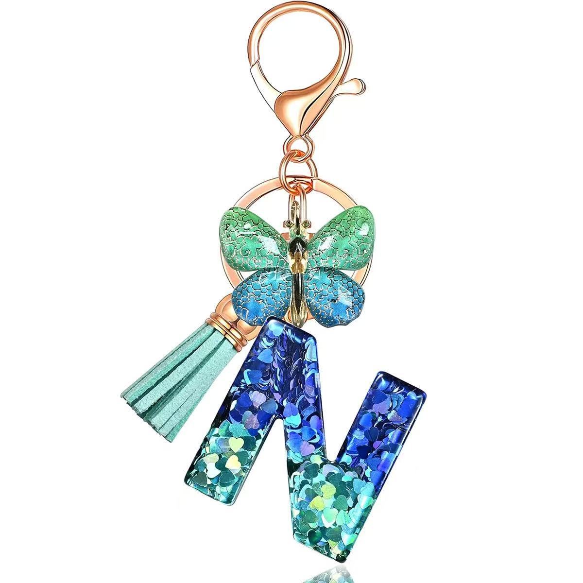 Wholesale Resin Alphabet Keychain With Butterfly Tassel Blue Gradient Vacation Style Fashion Accessory For Bags And Keys