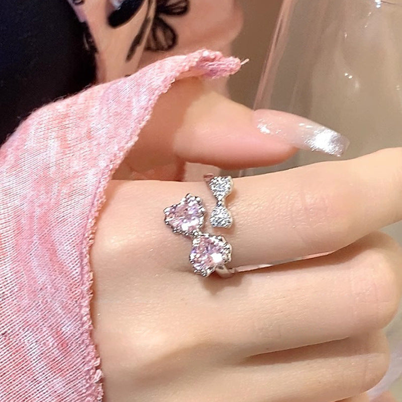 Wholesale Sweetly Enchanting!  Pink Diamond Bowknot Ring for Women,  Light Luxury Style,  Index Finger Ring,  Niche Design,  Fashionable Pair Ring