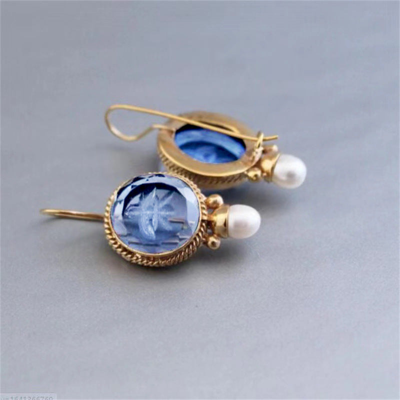 Wholesale Copper Alloy Drop Faux Pearl Earrings Blue Print Trendy Fashion Accessory For Women Boutique Resale