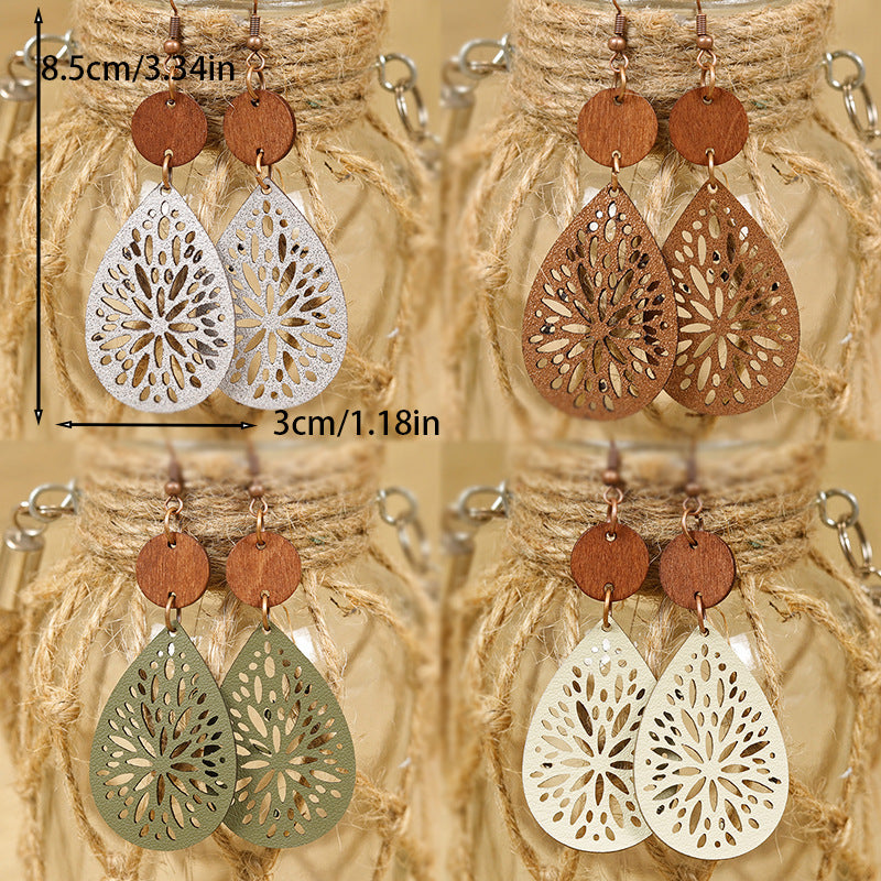 Wholesale  Bohemian Style  Retro Hollow Water Drop Wooden Leather Earrings