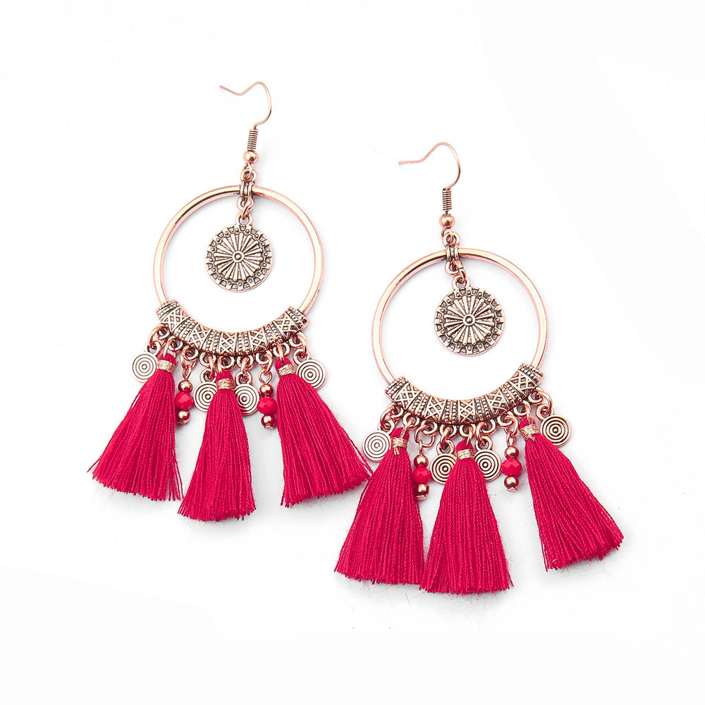 Wholesale Chinese Style Red Tassel Earrings Retro Medieval Festive Jewelry Accessory