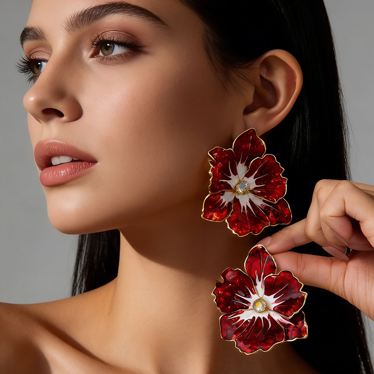 Wholesale Trendy Red Flower Stud Earrings Electroplated Alloy Party Jewelry Accessory For Women