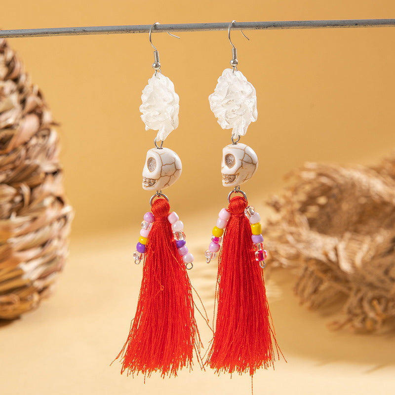 Wholesale Halloween earrings  funny fun skull tassel rice beads earrings