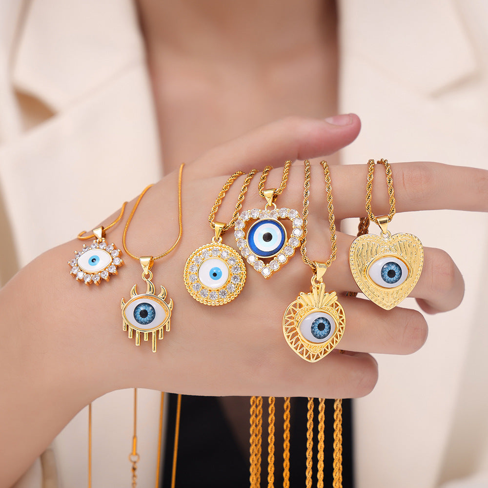 Wholesale Vintage Evil Eye Titanium Steel Gold Plated Diamond Hollow Pendant Necklace ACC-NE-MiLi006