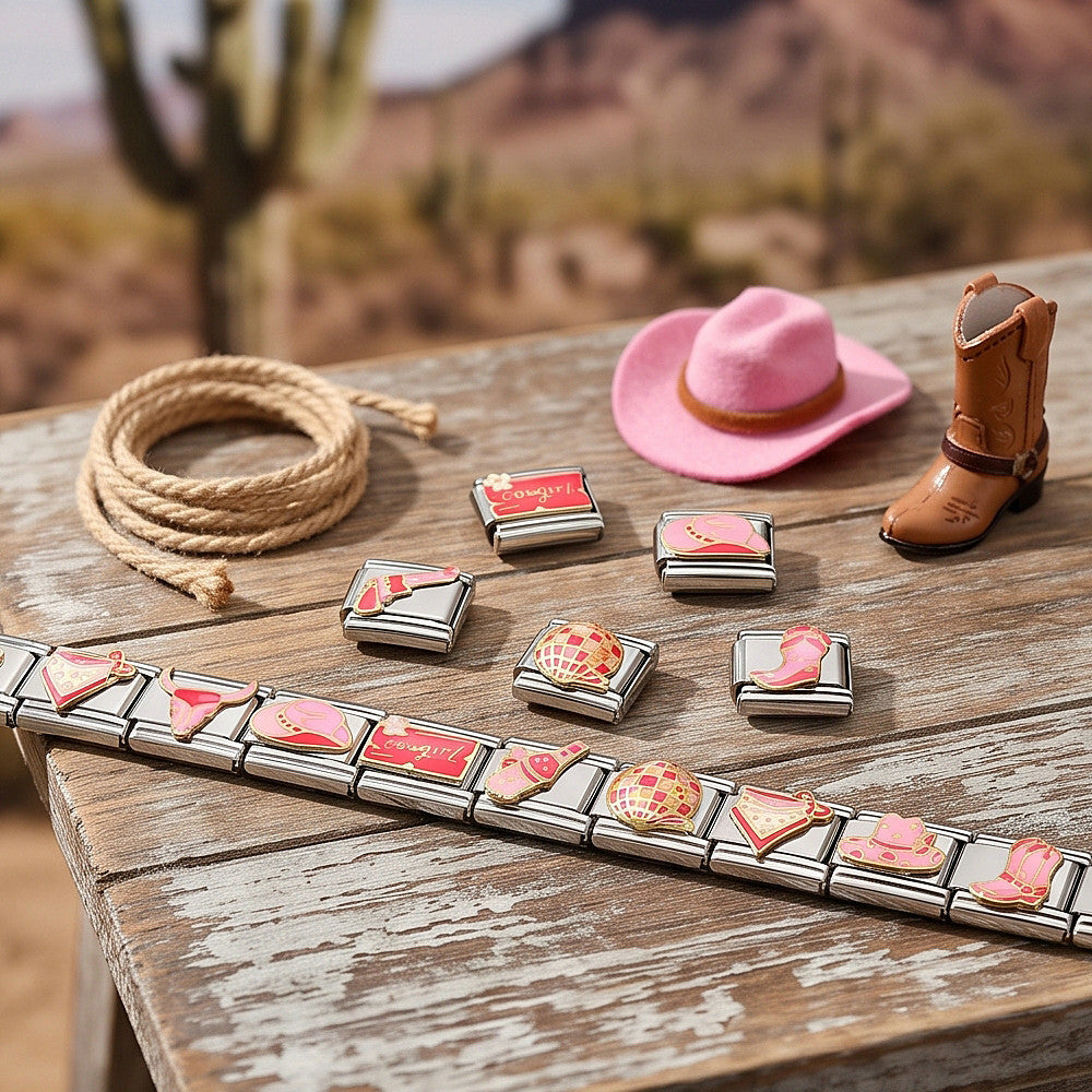 Wholesale Pink Western Cowboy Theme Stainless Steel Modular DIY Bracelet Jewelry Accessory For Party Gift Boutique Resale