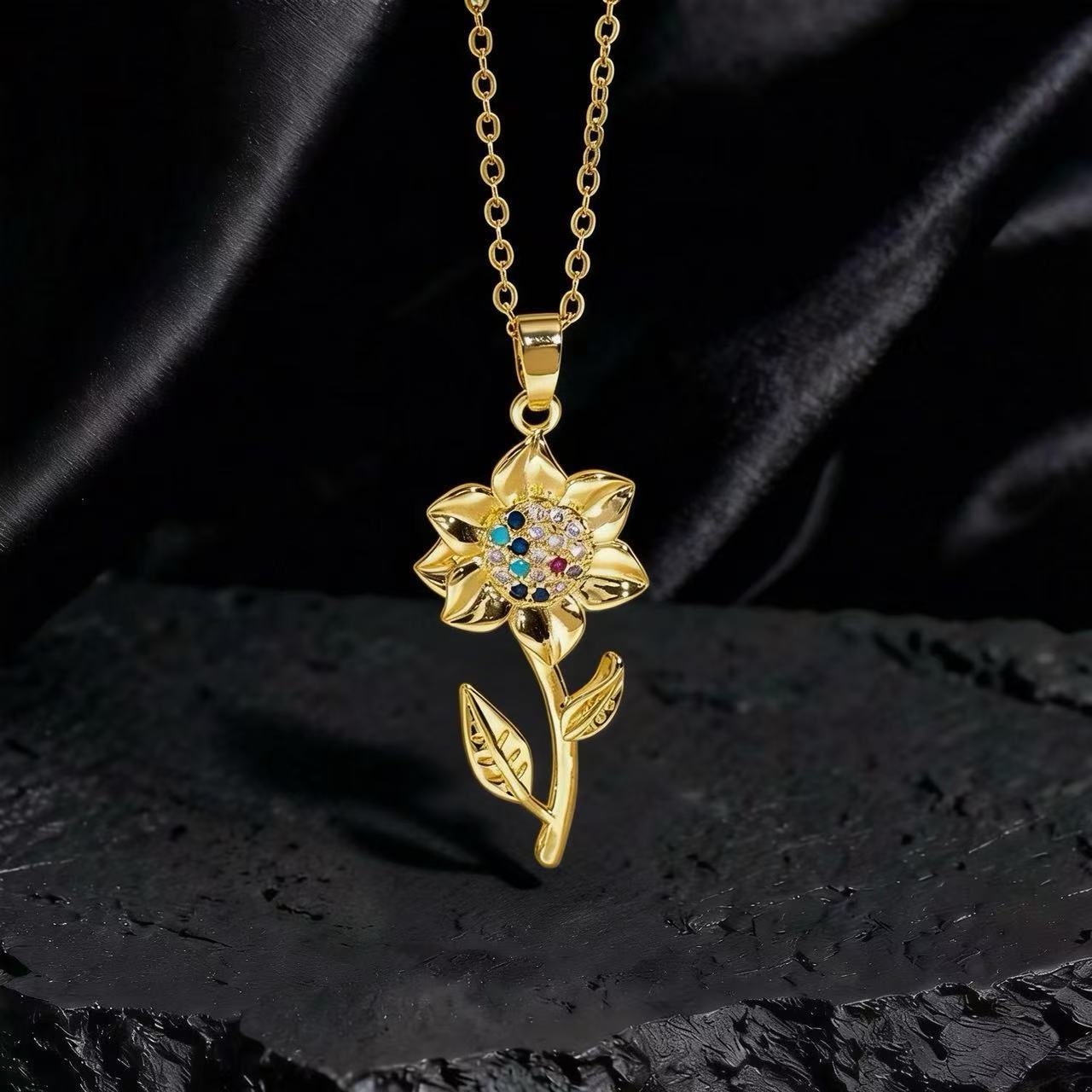 Wholesale Gold Plated Copper Zircon Sunflower Necklace Layering Jewelry For Women Trendy Party Fashion Accessory Everyday Wear Boutique Resale