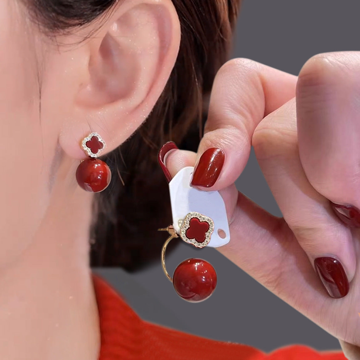 Wholesale front and back four leaf clover red earrings