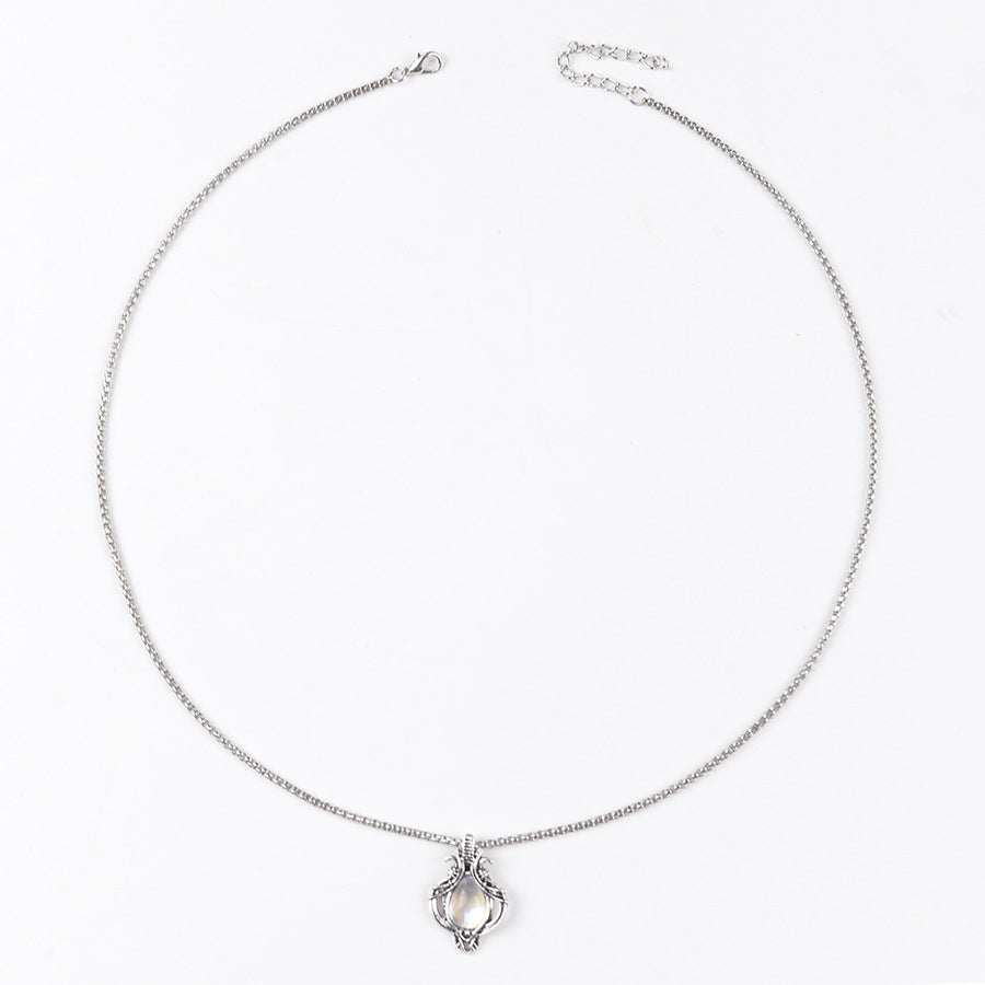 Wholesale Retro Moonstone Style Hollow Teardrop Pendant Necklace Antique Silver Tone Zinc Alloy Fashion Layering Jewelry Gift Boutique Resale