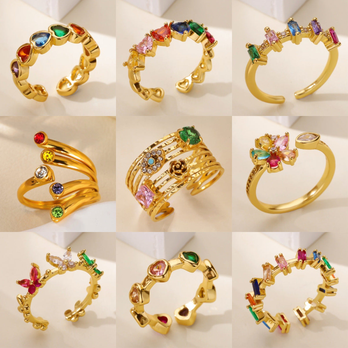 Wholesale Gold Plated Heart Shape Open Ring with Multicolor Zircon - Boutique Resale Jewelry Accessory