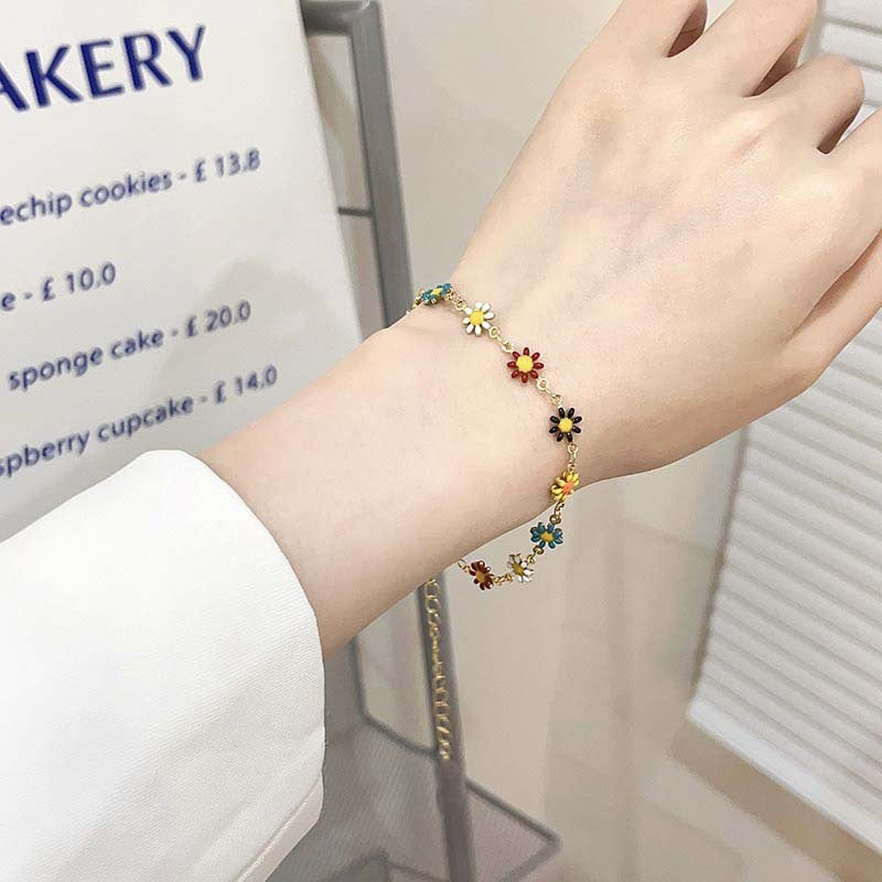 Wholesale European and American Cross-Border Bohemian Style Oil Dripping Small  Flower Clavicle Chain Necklace Women' s Flower Painted Oil Dripping Necklace