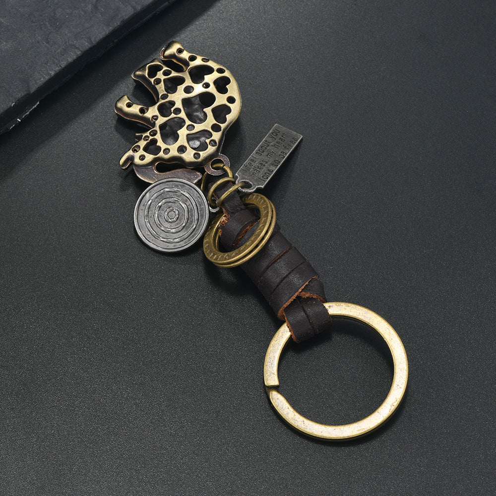 Wholesale  Alloy Bronze Elephant Retro Woven Cowhide Pendant Keychains