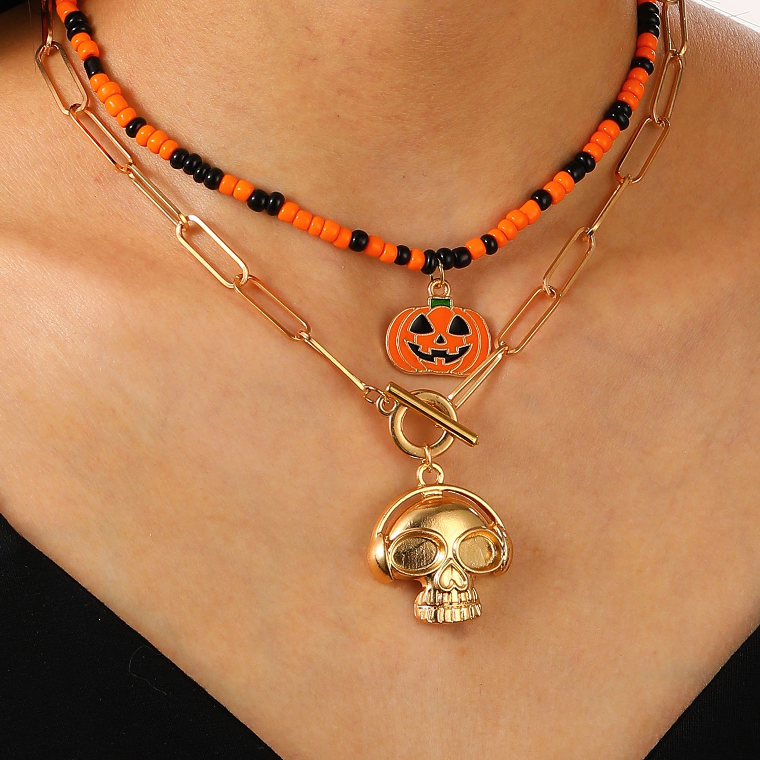 Wholesale Gothic  Skull Rice Bead Necklace,  Alloy Handmade Bead Chain,  Fashion Accessory for Resale
