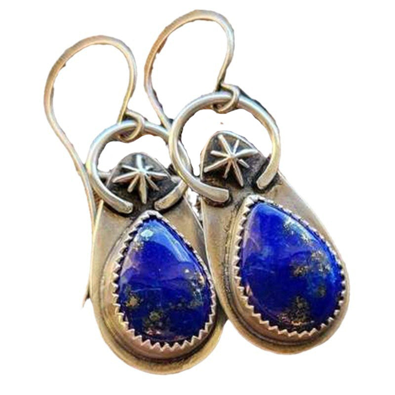 Wholesale  Lapis Lauerite Earrings  Ancient Silver Carved Metal Bamang Star Earrings