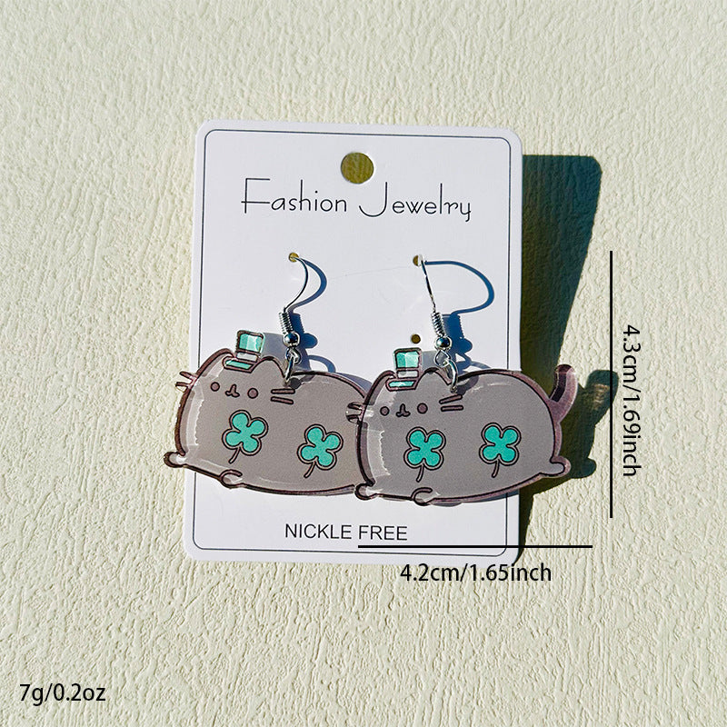 Wholesale St Patrick's Day clover green hat cat animal acrylic printing earrings