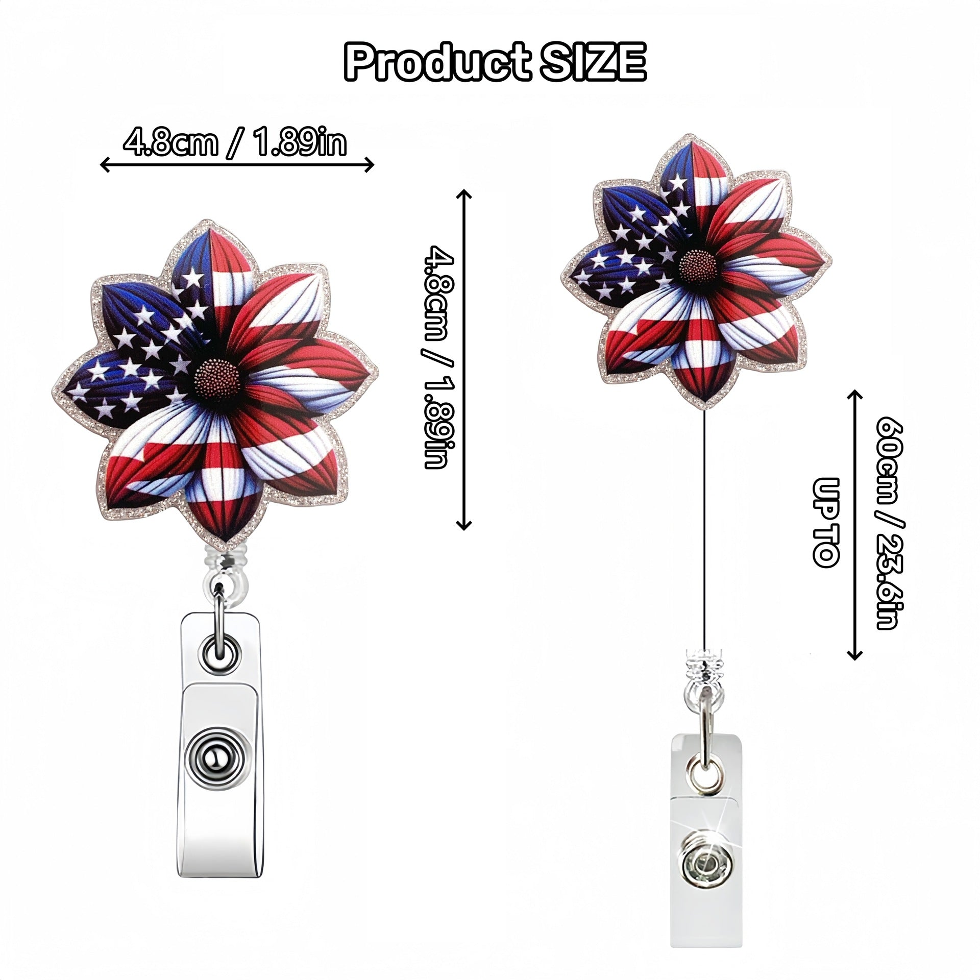 Wholesale Acrylic Glitter Independence Day Badge Reels Keychains