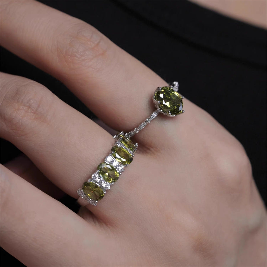 Wholesale Copper Electroplated Olive Green Zircon Ring French Retro Geometric Design Fashion Jewelry for Women