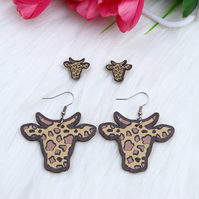 Wholesale cow head set wooden earrings