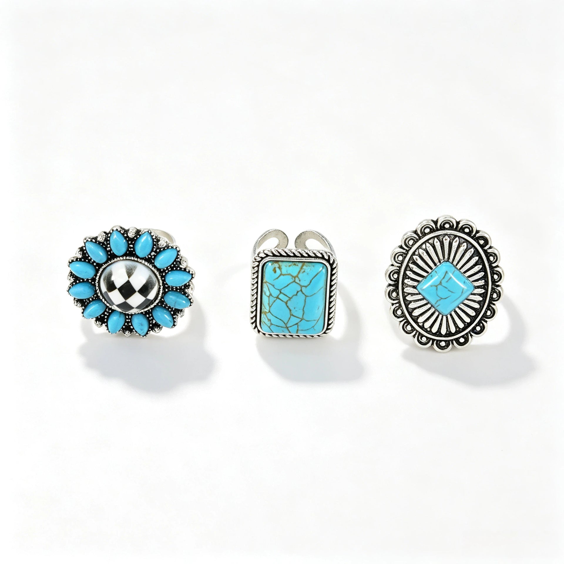 Wholesale Retro Turquoise Jewelry Set Ethnic Style Distressed Earrings Ring Bracelet For Women Gift Resale Accessory