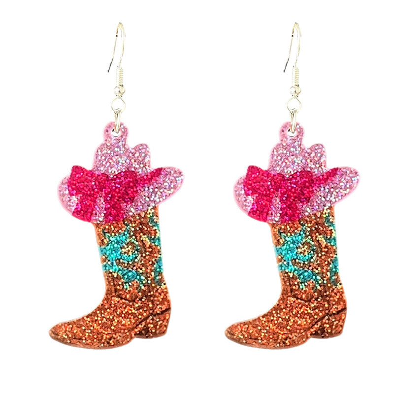 Wholesale 2pairs/pack Western Sparkling Earrings Cowboy Word Sunset Bull Head Boots Earrings
