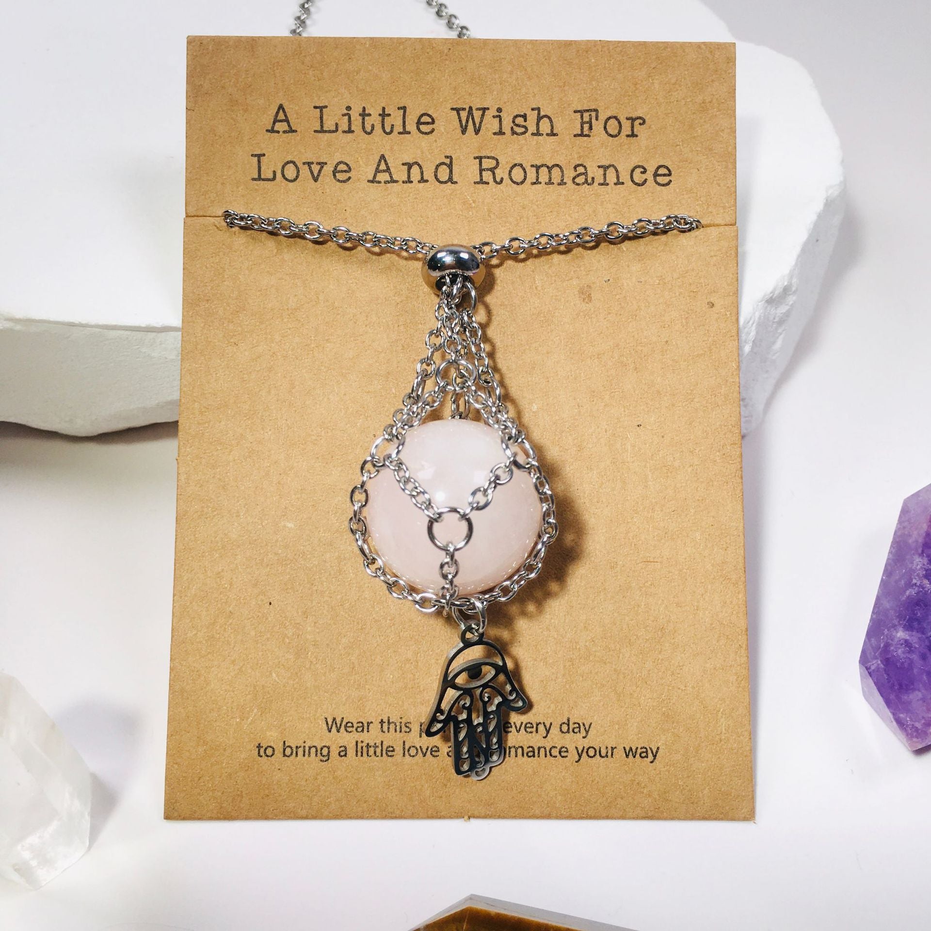 Wholesale Fatima Palm Replaceable Crystal Natural Stone Adjustable Metal Mesh Pocket Necklace ACC-NE-RongGuan004