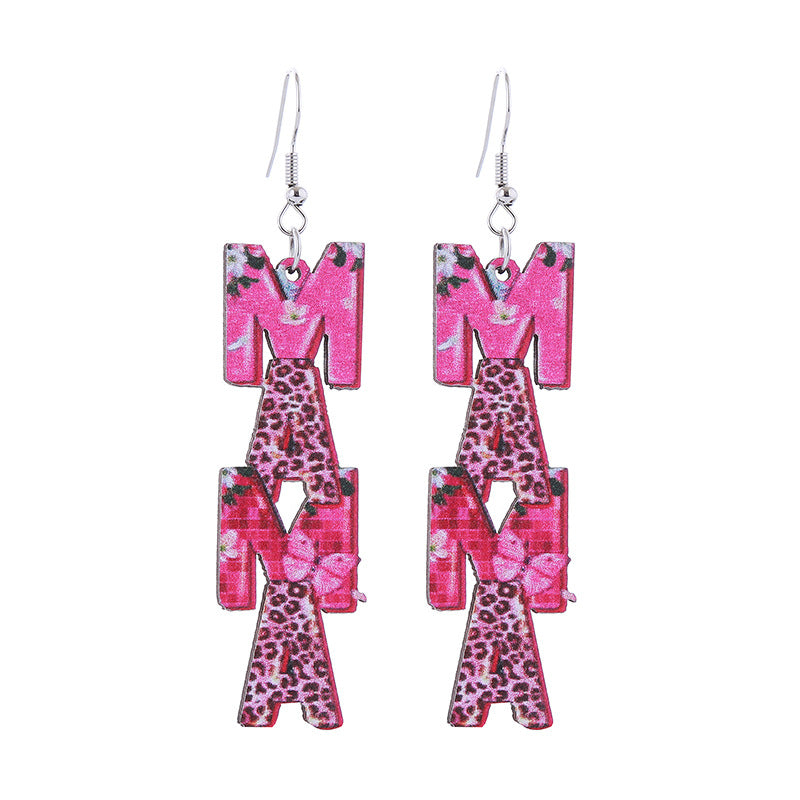 Wholesale Mother' s Day Wooden MOM Leopard Print Lip Print Creative Cartoon Earrings