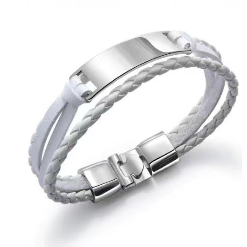 Wholesale Leather Steel Plate Bracelet,  Black Woven Steel Plate with Engraved Text,  Stainless Steel Tongue Clasp Leather Bracelet,  Three-Layer Leather Steel Plate Bracelet