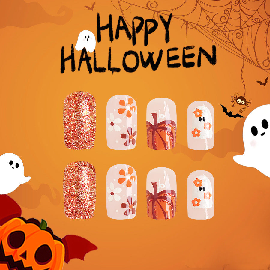 Wholesale 24 Pieces/box Flowers Pumpkin Halloween Press-on Nails Kits Nail Stickers ACC-NS-GuaiXL073