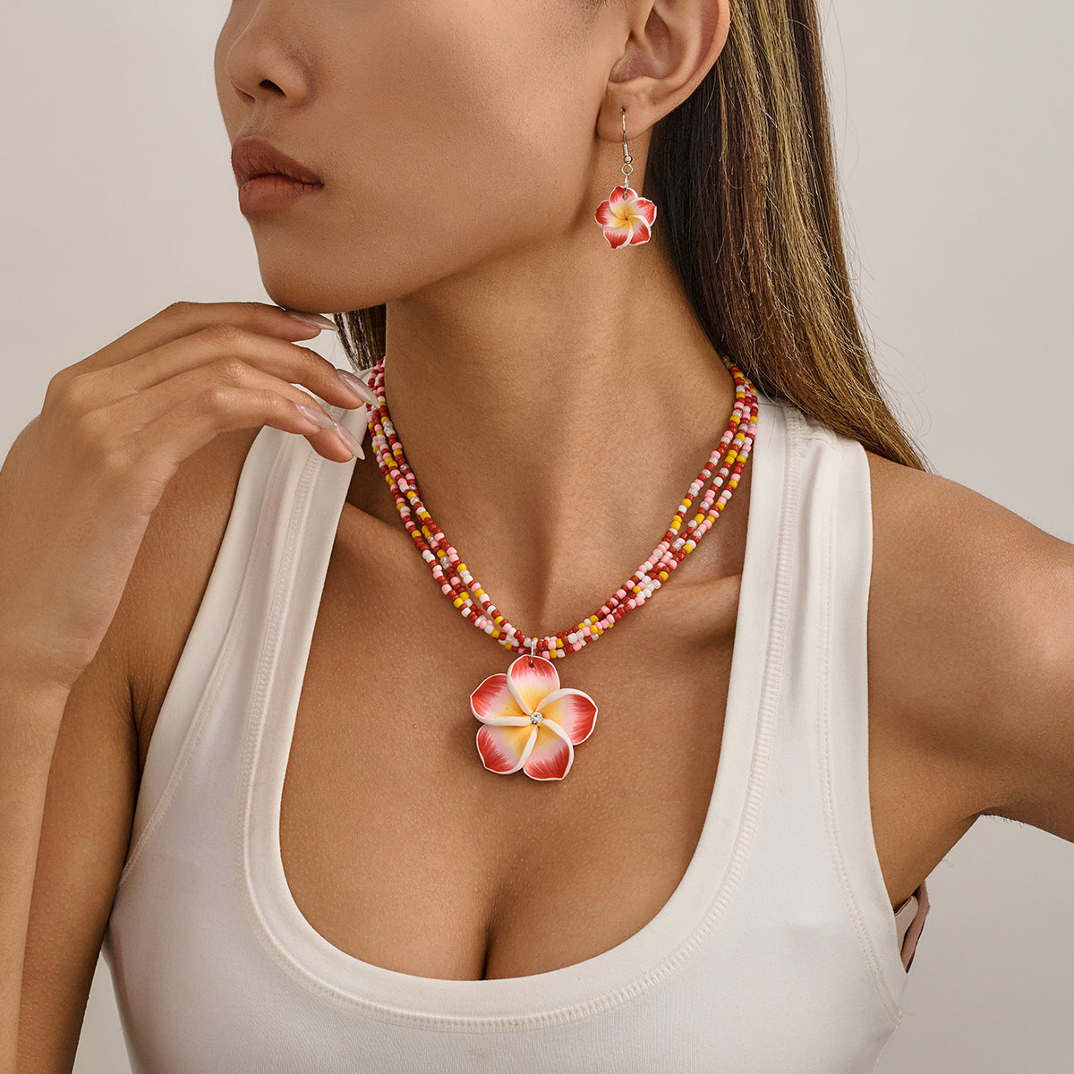 Wholesale Handmade Bohemian Soft Clay Flower Jewelry Set With Seed Beads Earrings And Necklace Vacation Fashion Accessory