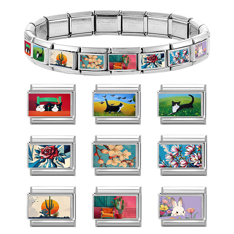 Wholesale Italian Style Cat and Flower Creative Stainless Steel DIY Bracelet Accessories Jewelry Gift