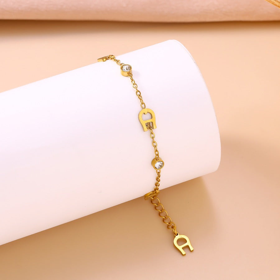 Wholesale Stainless Steel Bracelet with Letter A and Zircon,  Simple Horseshoe Pattern,  Jewelry Accessory Gift
