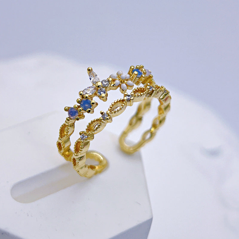 Wholesale Micro-inlaid Oil Drop Butterfly Small Flower Double-layer Hollow Open Rings ACC-RS-YXY019