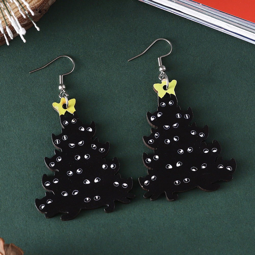 Wholesale Christmas Lantern Black Cat Christmas Tree Pendant Earrings Wooden