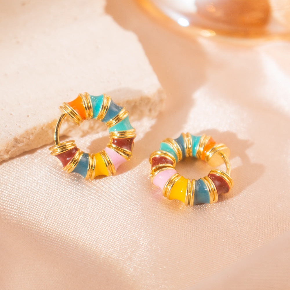 Wholesale Real Gold Electroplated Color Drop Glaze Circle Ear Buckle Light Luxury Earrings