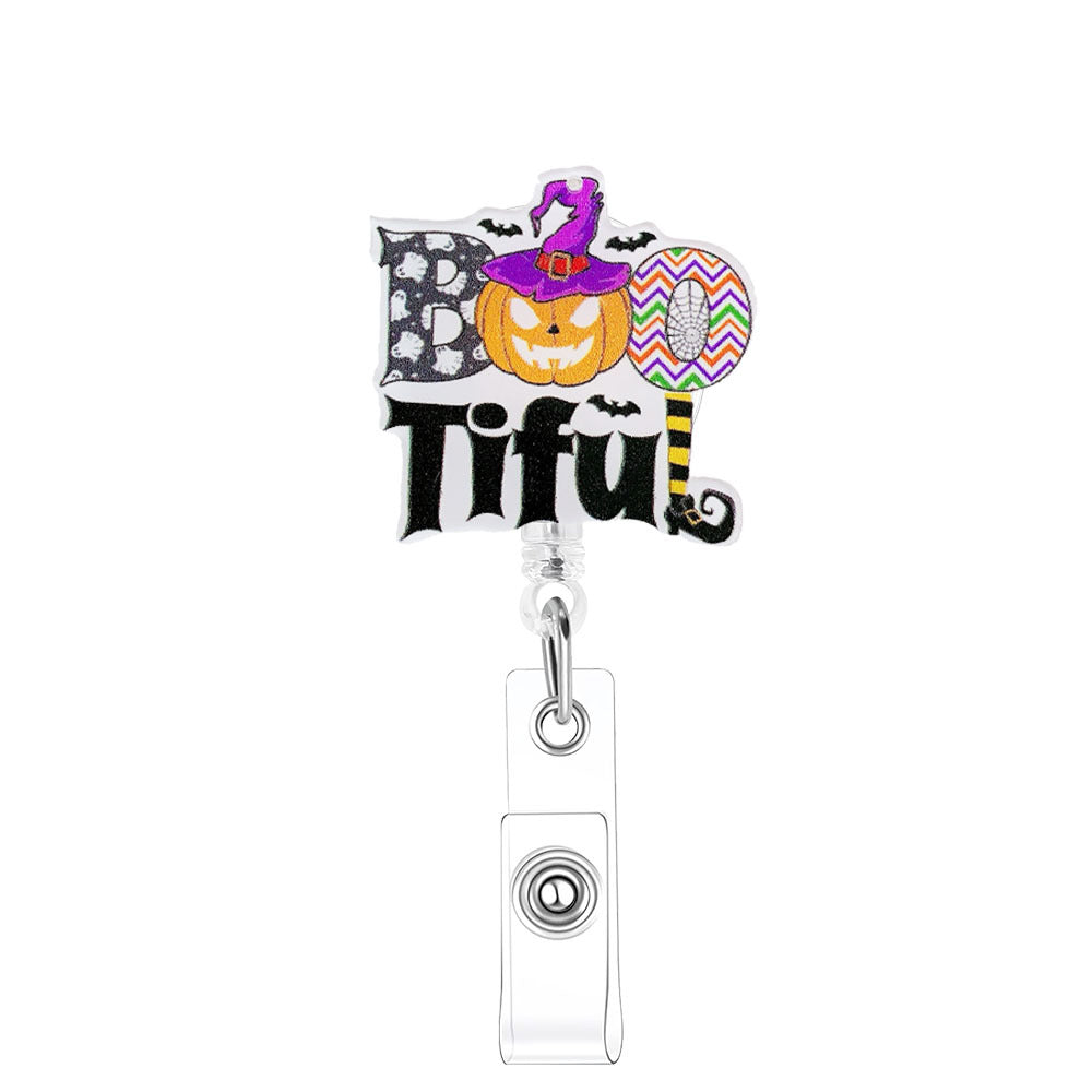 Wholesale Halloween Acrylic Printed Colorful Pumpkin Bat Easy Pull Badge Reels Keychains ACC-KC-XinDing005
