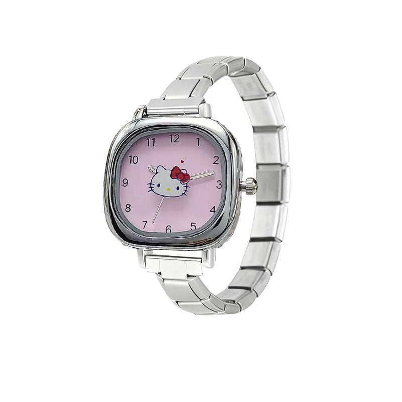 Wholesale Waterproof Square Quartz Watch with Stainless Steel Band and Cartoon Cat Design,  Everyday Fashion Accessory for Students