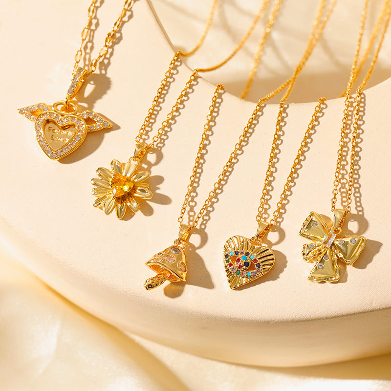 Wholesale  Stainless Steel  Devil's Eye Accessories Small Mushroom Bow Micro-inlaid Color Necklaces