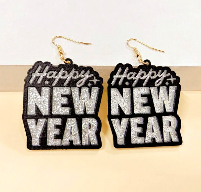 Wholesale fashion Happy New Year acrylic English letter sequined earrings