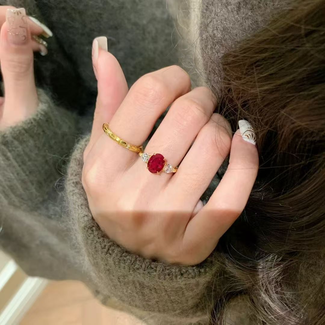 Wholesale Vintage French Red Diamond Ring,  Gold Plated Copper,  Adjustable Open,  Chic Jewelry Accessory for Women,  Gift