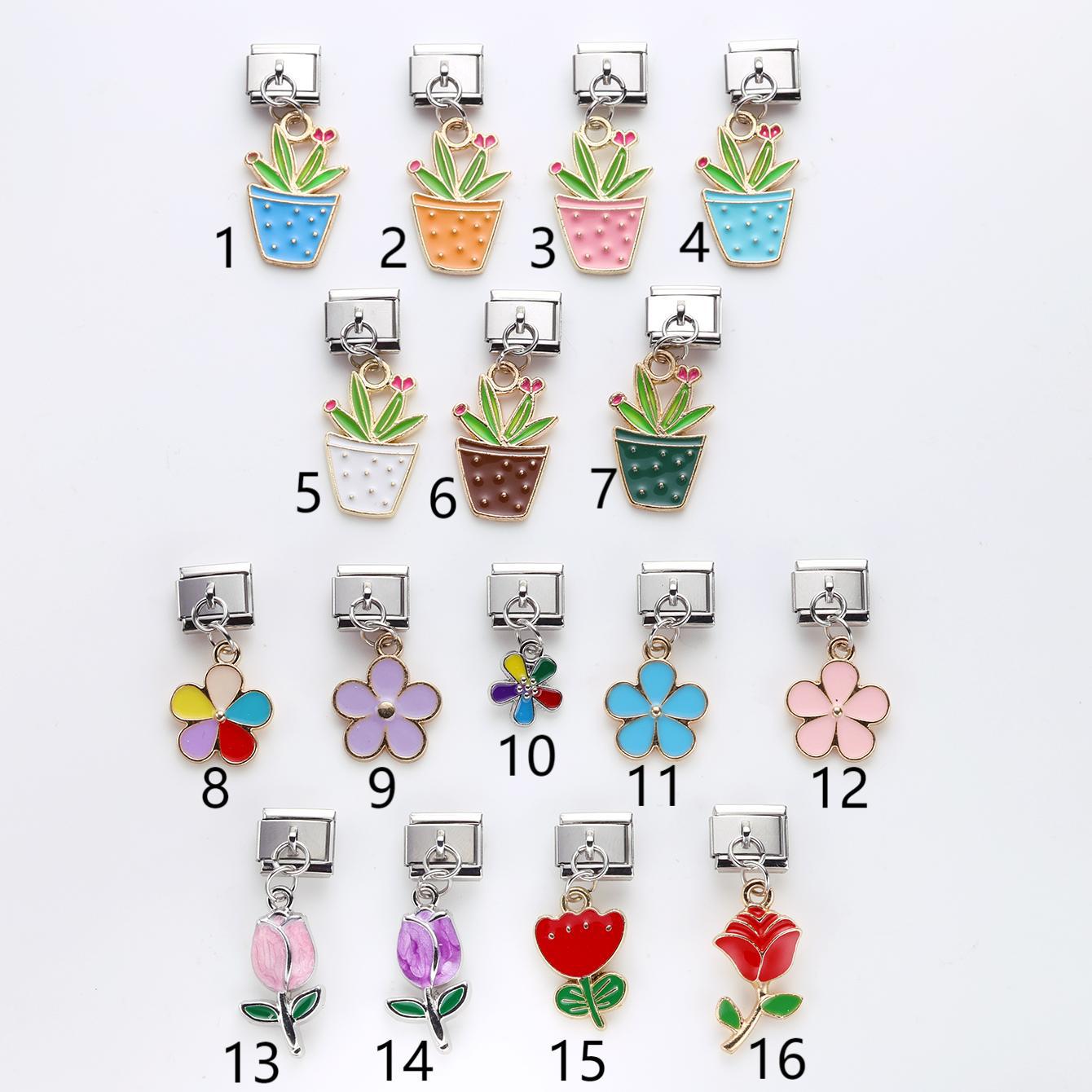 Wholesale 10pcs Italian Charm Bracelet 9mm DIY Splicing Potted Flower Pendant Stainless Steel Composable Bracelet