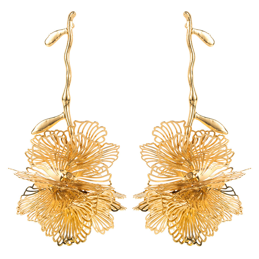 Wholesale Light Luxury Earrings  Exaggerated Stereo Branches Flower Hollow Silver Pin Earrings