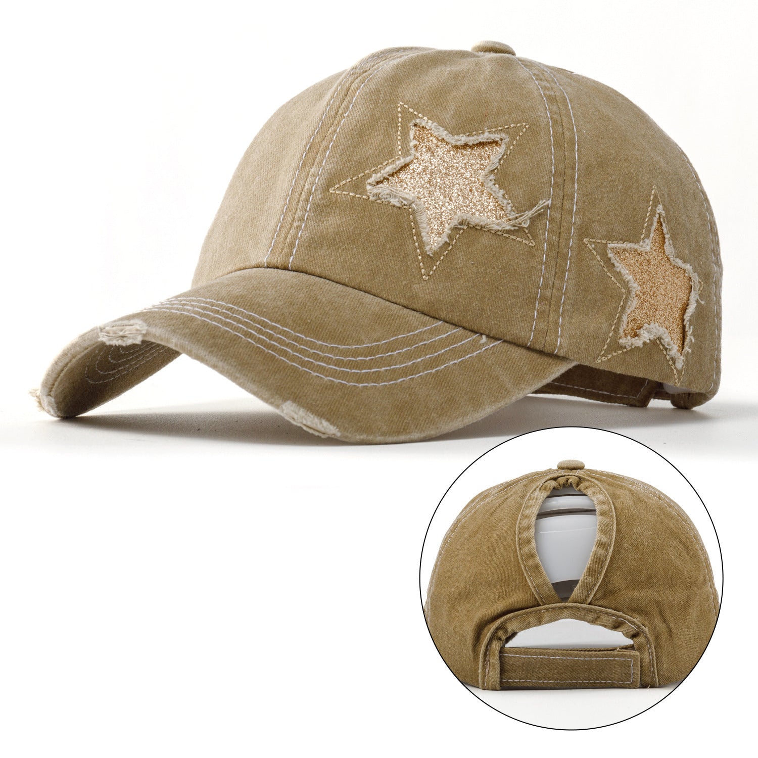Wholesale Stylish Washed Cotton Baseball Cap Five Point Star Distressed Ponytail Hole Adjustable Curved Brim Black Hat For Casual Use And Resale