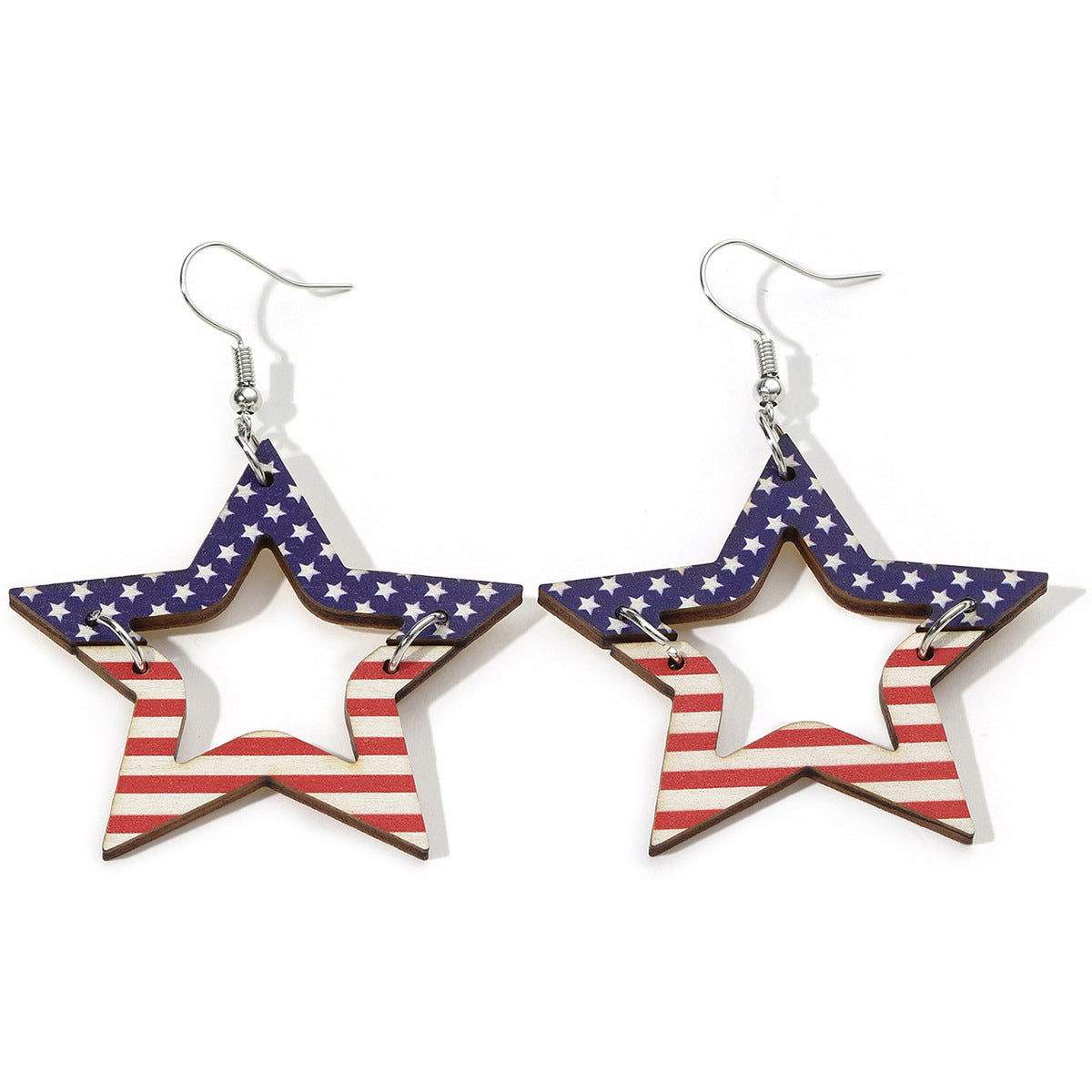 Wholesale Independence Day Hollow Printing Stars Wooden  Earrings
