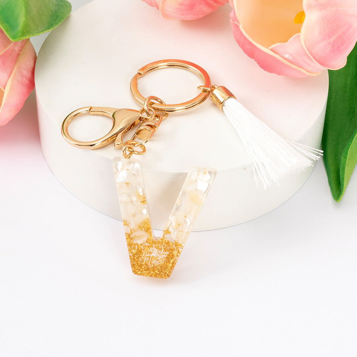 Wholesale Gold Foil New Resin Crystal Glue White Tassel Color English Digital Keychain