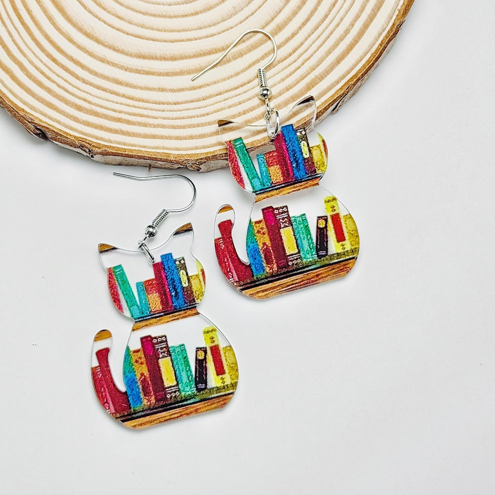 Wholesale Acrylic Teachers Day Earrings Cat Puppy Rabbit Bookshelf Earrings ACC-ES-Qiyu002