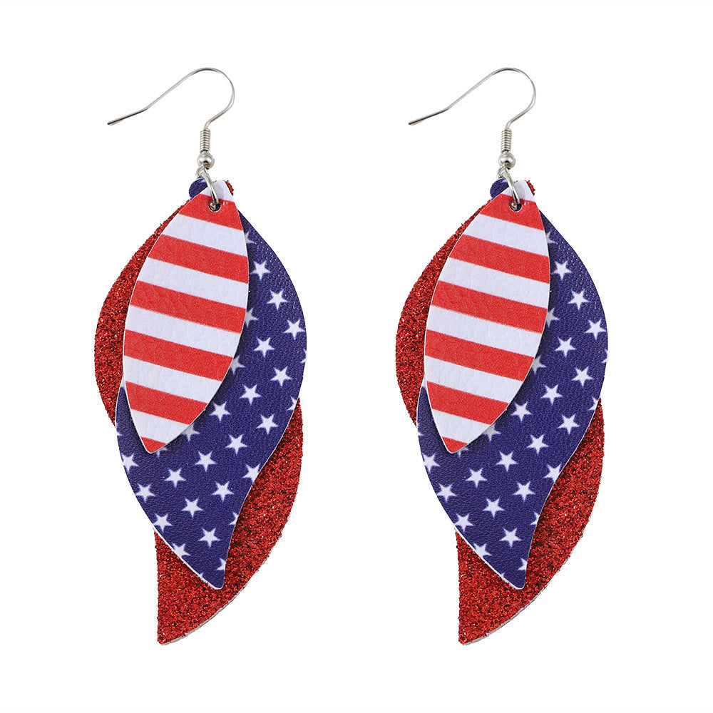Wholesale Independence Day Red Blue White Stars Striped Sequin Triple Blade Pendant Leather PU Double Sided Earrings